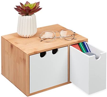 Relaxdays Organizer da Scrivania, Portaoggetti, Cassettiera, Bambù e MDF, Scandi, HxLxP: 14,5x25x20 cm, Bianco/Naturale