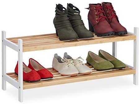 Relaxdays Scarpiera in bambù e Legno di Betulla, a 2 Ripiani, Organizer per 6 Paia di Scarpe, Bianco/Naturale, Marrone, 1 pz