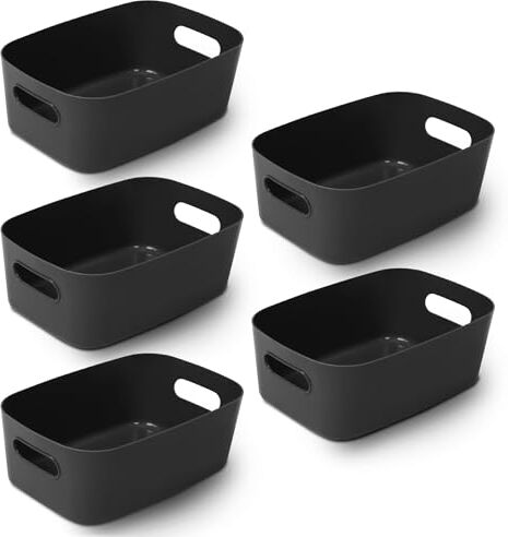 KEPLIN Cestino da Studio in Plastica Nero 5pz, Scatole Portaoggetti per Casa o Ufficio Contenitore Adatto per Scaffali, Cassetti, Guardaroba (25,5 x 17 x 11 cm)