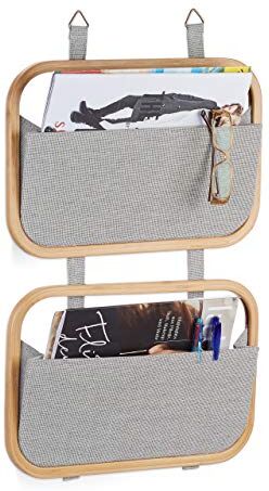 Relaxdays Organizer da Parete Bambù Pannello Portaoggetti 2 Tasche da Porta & Muro HLP: 60 x 40 x 1,5 cm, Beige/Grigio