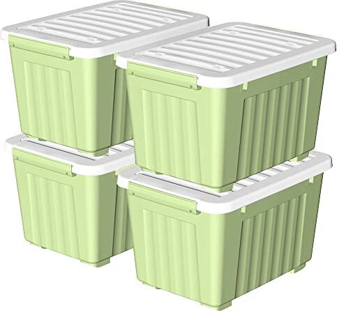 Cetomo Scatola portaoggetti in plastica da 80 l x 4, verde, contenitore organizzativo con coperchio durevole e fibbie di chiusura sicure, impilabile e annidabile, confezione da 4, con fibbia