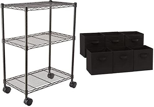 Amazon Basics 3-Shelf Storage Unit on Wheels with Height Adjustable Shelves and Adjustable Levelling Feet 340kg Max Weight, Black and Foldable Storage Cubes (6 Pack), Black