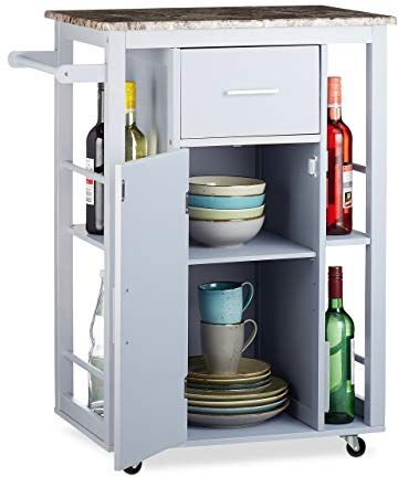 Relaxdays Carrello da Cucina Porta-Vivande, Effetto Pietra, con Cassetto, Ruote a 360°, Legno, Grigio, 86x66,5x40 cm