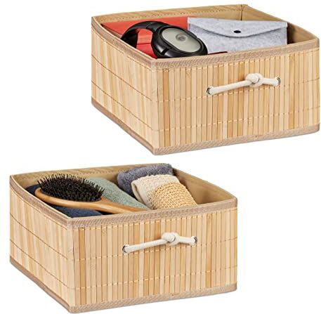 Relaxdays Contenitore Portaoggetti in bambù, Set 2 Ceste da Bagno con Manici, Scatole Pieghevoli da 15 Litri, Naturale, Vello, Cartone, 2 pz