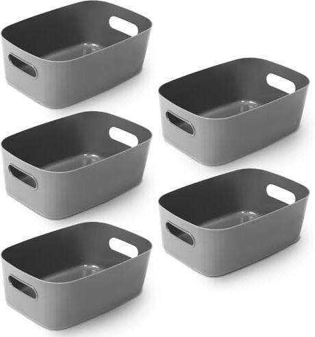 KEPLIN Cestino da Studio in Plastica Nero 5pz, Scatole Portaoggetti per Casa o Ufficio Contenitore Adatto per Scaffali, Cassetti, Guardaroba (25,5 x 17 x 11 cm)