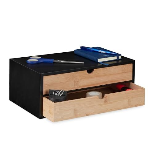 Relaxdays Scomparti Cassettiera in bambù e MDF, Mini comò a 2 cassetti, HBT 14 x 33 x 21 cm, Colore: Nero/Naturale, 60% 40% Fibra di Legno, 14x33x21 cm