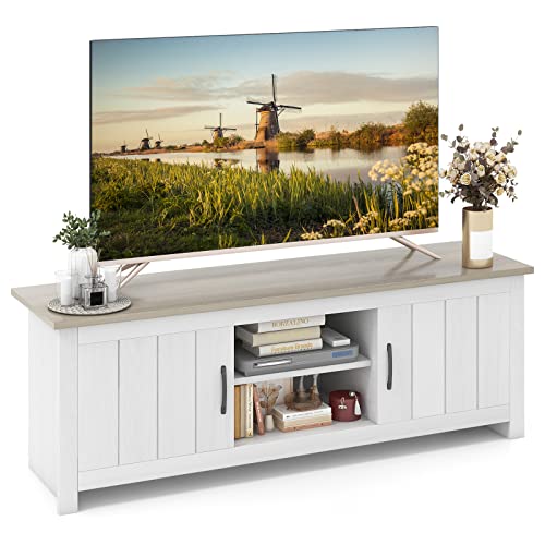 COSTWAY Mobile TV con 2 Ante per TV fino a 65", Mobile Porta TV in Legno con Ripiani Aperti, Mobile per TV in Legno per Soggiorno, 145 x 39,5 x 49,5 cm (Grigio)