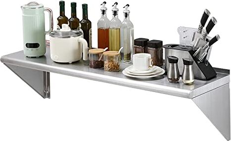 VEVOR Mensola da Parete in Acciaio Inox 1219 x 457 x 63 mm Scaffale Murale per Cucina Bagno Soggiorno Capacità Carico Max. 180 kg, Mensola da Parete Portaoggetti Portaspezie in Acciaio Inox per Cucina