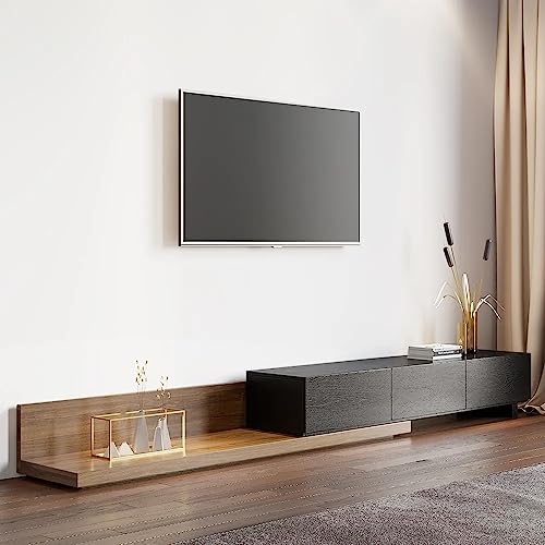 POVISON Mobile TV Crator Supporto TV estensibile in legno rettangolare Nero e noce Console multimediale con 3 cassetti, 200CM