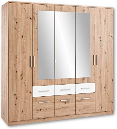 Stella Trading Florida, Elegante Specchio, Versatile Armadio con Ante girevoli, con Molto Spazio in Effetto Rovere artisano, Bianco, Legno ingegnerizzato, Kleiderschrank 5-türig