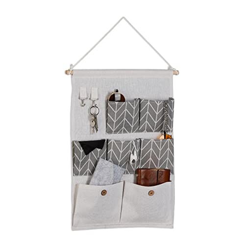 Relaxdays Organizer da Parete, 7 Tasche Stoffa Portaoggetti, 2 Ganci Portachiavi, Ingresso, HxL: 60x39 cm, Crema Grigio