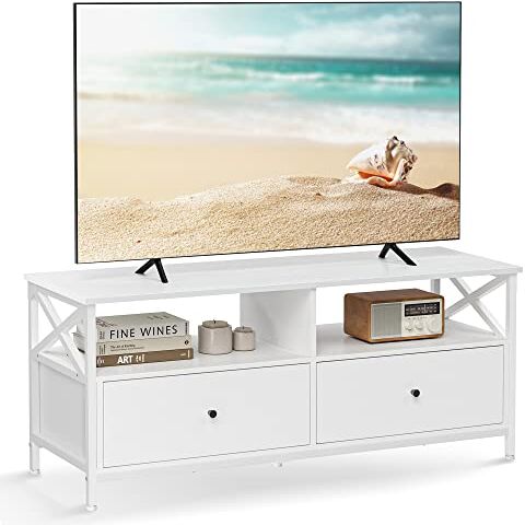 VASAGLE Mobile TV, Tavolino Porta TV fino a 55 Pollici, Lungo 120 cm, 2 Cassetti 2 Ripiani Aperti, 40 x 120 x 50 cm, Soggiorno, Camera da Letto, Struttura in Acciaio, Bianco LTV300B46