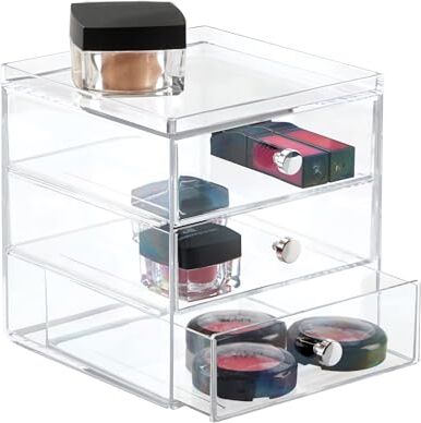 InterDesign iDesign Porta trucchi con 3 cassetti, Mini cassettiera per make up, cosmetici e gioielli, Organizzatore trucchi impilabile in plastica, trasparente