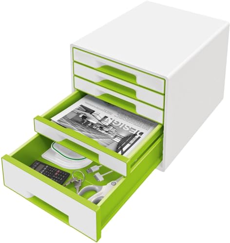 Leitz WOW Cube Cassettiera a 5 Cassetti, Organizer per Riporre Documenti, Cataloghi e Riviste in Formato A4, Adatta per Casa e Ufficio, Verde,