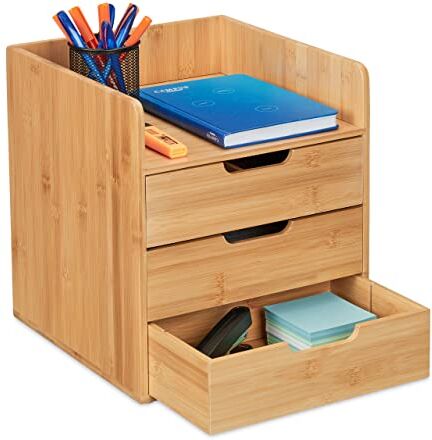 Relaxdays Organizer da Scrivania, 3 Cassetti Portaoggetti, per Cancelleria Ufficio, bambù, HLP: 33 x 30 x 31 cm, Marrone, Legno