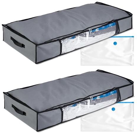 Relaxdays Set di 2 cassettiere sotto Il Letto Contenitori Sottoletto con Sacchi Sottovuoto, Set da 2, Borse Organizer per l'Armadio con Vacuum Bags, Grigio, 15 x 100 x 45 cm