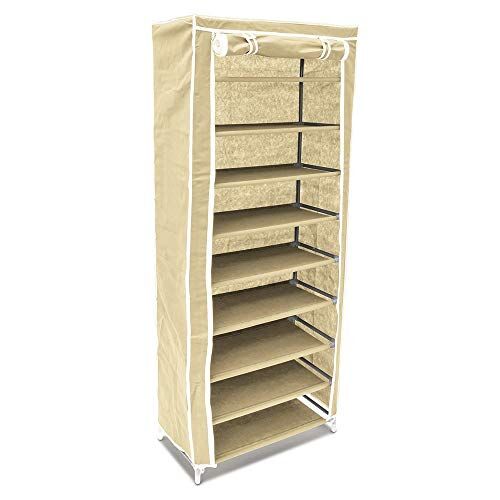 BAKAJI Scarpiera Armadio Salvaspazio 10 Ripiani 60x30x150cm Fino a 36 Paia di Scarpe Struttura Acciaio e Rivestimento in Tessuto TNT Impermeabile con Chiusura Zip Antipolvere (Beige)