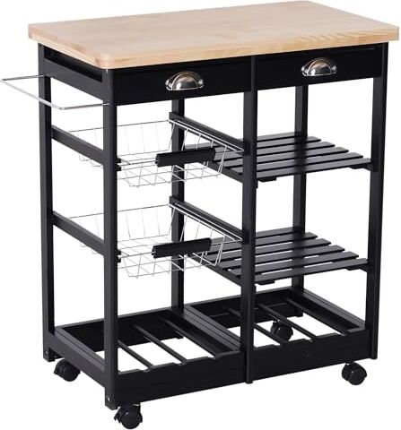 giordano shop Carrello da Cucina con Cassetti e Portabottiglie Legno e Nero