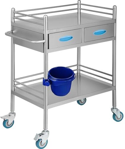 VEVOR Carrello di servizio da laboratorio in acciaio inox a 2 strati, Carrello medico, Carrello di servizio dentale con ruote bloccabili e secchio, per laboratorio, ospedale, uso dentale