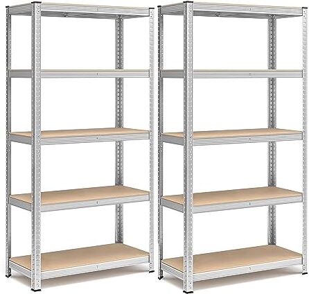 SONGMICS Set di 2 Scaffali per Carichi Pesanti, Scaffalature a 5 Ripiani in Acciaio, Senza Viti, in Garage, Magazzino, Ripostiglio, Portante 875 kg, 40 x 90 x 180 cm, Argento