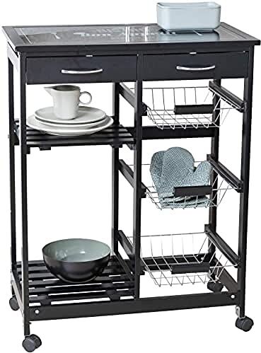 Wenko Carrello portavivande Bon Appetit, con ruote e ripiano in vetro con motivo, ideale come carrello per servire a tavola o scaffale per la cucina, in MDF, 67 x 86,5 x 35 cm, colore nero