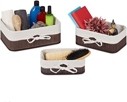 Relaxdays Set Cestini Portaoggetti, Contenitori in bambù per Armadio e Scaffali, Bagno, 3 Grandezze, Marrone/Bianco, 70%