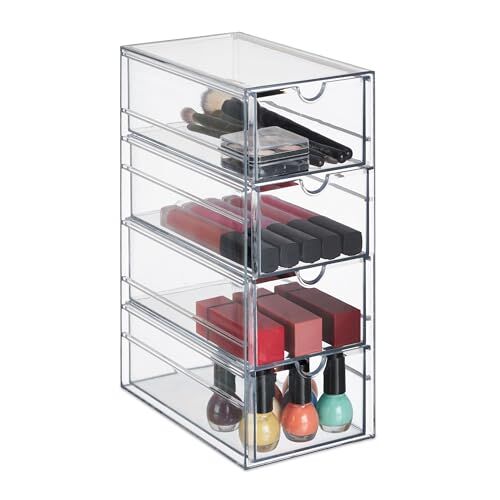 Relaxdays Portatrucchi, Set da 4, Cassetti Organizer Portaoggetti, Contenitore Bagno e Ufficio, Plastica, Trasparente, 25 x 10,5 x 17,5 cm