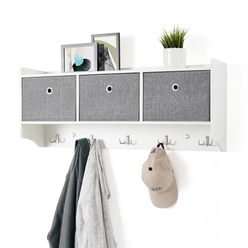 Meerveil Appendiabiti con mensola, portaoggetti a parete con 3 cestini, 5 ganci, stile moderno in legno, per corridoio, ingresso, soggiorno, 98 x 40 x 22 cm, bianco