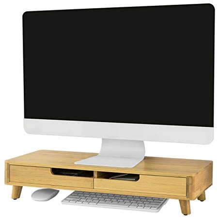 SoBuy Supporto Monitor pc da scrivania con 2 Organizzatore cassetti L56*P23*A12 cm, Legno Massiccio di bambù BBF06-N