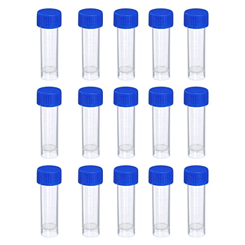 PATIKIL 5mL Plastica Test Provette, 15pz Congelato Contenitore Stoccaggio Blu Vite Tappo per Lab Laboratorio Scienza, Trasparente