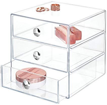 InterDesign iDesign Porta trucchi con 3 cassetti, Mini cassettiera per trucco, gioielli e cosmetici, Organizzatore trucchi in plastica a forma di cubo, trasparente