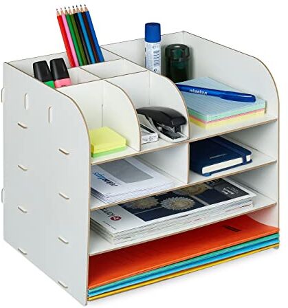 Relaxdays Organizer da Scrivania con Portadocumenti, 10 Scomparti, HLP: 27,5x32,5x25 cm, Contenitore in MDF, Bianco