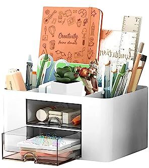 Skran Multifunctional Office Desk Organizer With 7 Compartments (5 Compartments & 2 Transparent Drawers), for Home, School (White)