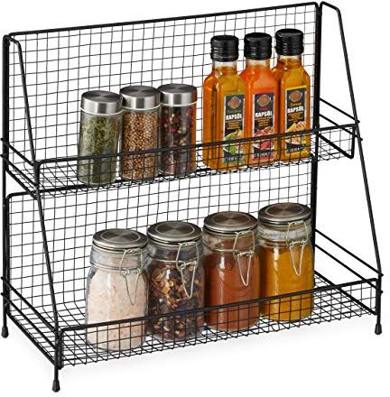 Relaxdays Portaspezie Salvaspazio da Cucina, 2 Mensole, Scaffale per Spezie Autoportante, Organizer in Metallo, Nero, Ferro, 1 pz