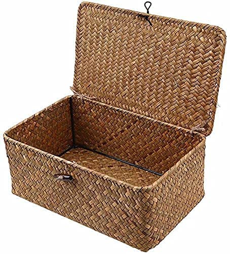 IHONYI Cestino Portaoggetti, Seagrass Cesta Vimini con Coperchio Rattan Intrecciato Fatto a Mano (Grande 29X19X12CM)