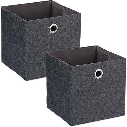 Relaxdays Scatola Portaoggetti, Set 2 Box in Stoffa da Scaffale, Cubo Portagiochi HLP 30, 5x30,5 cm, Grigio Scuro, Lino Poliestere Carta