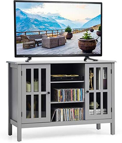 COSTWAY Mobile Porta TV di Legno, per TV Fino 50", Mobile TV con 2 Ante e 3 Mensole, Armadio Multiuso per Salone Camera da Letto, 109 x 39,5 x 77 cm, Portante 100 kg, Grigio