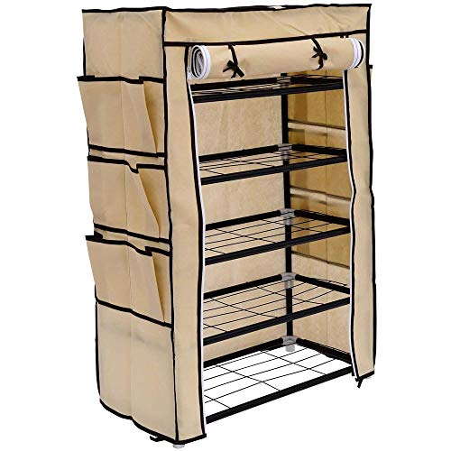 BAKAJI Scarpiera Armadio Salvaspazio 6 Ripiani 60x30x90cm Fino a 18 Paia di Scarpe Struttura Acciaio e Rivestimento in Tessuto TNT Impermeabile con Chiusura Zip Antipolvere (Beige)