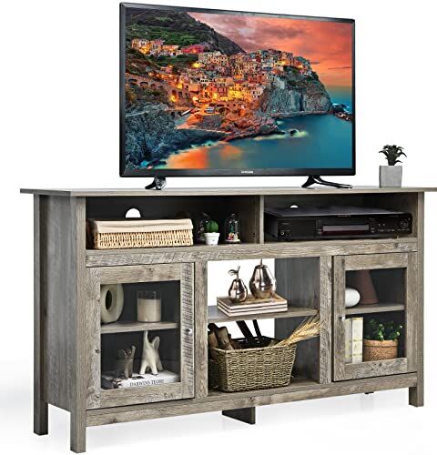 COSTWAY Mobile TV 147cm, Console Porta per TV fino a 65", per Camino da 46cm, Mobiletto con Porte, Scaffali Aperti (grigio)