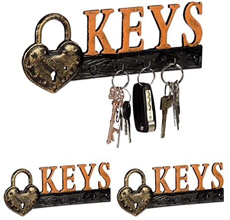 Relaxdays Appendi Chiavi da Parete, 5 Ganci, Lucchetto e Scritta “Keys”, in Ghisa, Vintage, 10x26x3 cm, Arancione/Nero