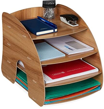 Relaxdays Organizer da Scrivania Portadocumenti, 4 Scomparti Portalettere A4, HLP: 27x25,5x34,5 cm, MDF, Marrone Scuro