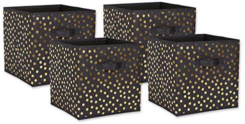 DII Pattumiera pieghevole in tessuto non tessuto, motivo a pois, colore nero e oro, grande, 27,9 x 28,9 x 27,9 cm, 4 pezzi