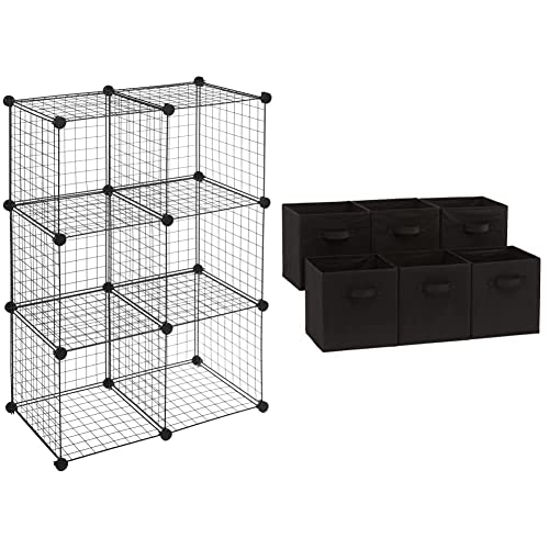 Amazon Basics Scaffalatura in filo, Sei cubi Nero & Contenitori pieghevoli quadrati (confezione da 6), Nero