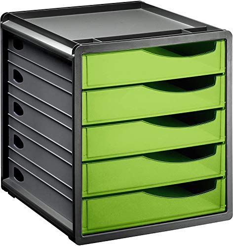 Rotho Spacemaker Cassettiera/Scatola da Ufficio con 5 Cassetti, Plastica (PS) senza BPA, Verde/Nero, 33.5 x 28.5 x 32.0 cm