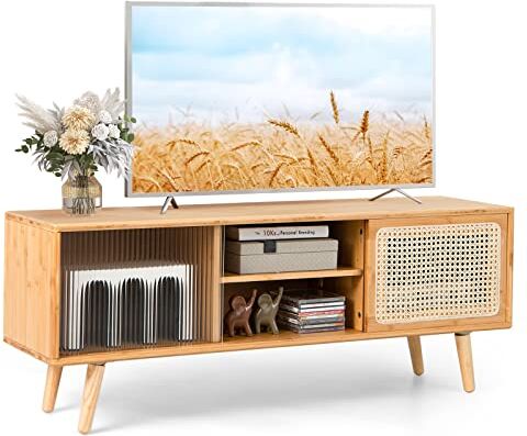 COSTWAY Mobile TV per TV Fino a 55", Mobile Porta TV in Bambù, Legno Gamba, Mobiletto Soggiorno con 2 Ante Scorrevoli in Rattan e in Vetro, Stile Rustico Vintage, Colore Naturale