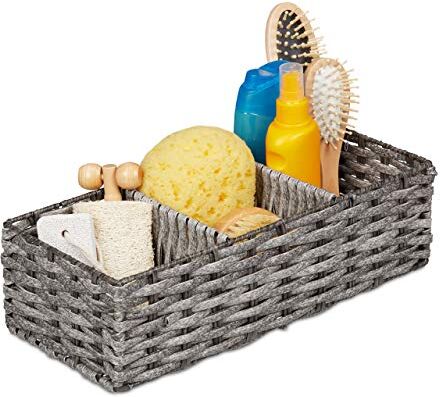 Relaxdays Contenitore Bagno, Portaoggetti Intrecciato, Salvaspazio, 3 Scomparti, Plastica 11x36,5x15,5 cm, nero