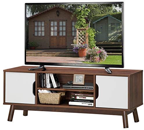 COSTWAY Mobile Porta TV con Ripiani Aperti, per TV fino a 55”, Mobile TV di Legno per Salone, Camera da letto, Corridoio, Facile da Montare，120 x 39 x 47 cm (Noce+Bianco)