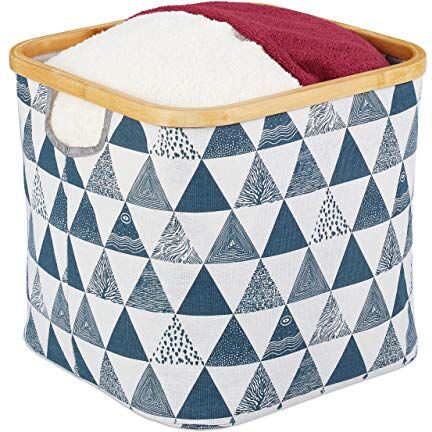 Relaxdays Contenitore Portaoggetti in Stoffa, Cesta Giochi Bambini Pieghevole con Bordo in bambù & Manici, Bianco/Blu, 1 pz