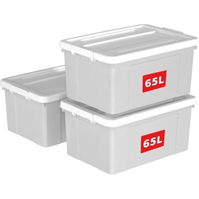 Cetomo 65L*3 Scatole di Stoccaggio in Plastica, Scatole Portaoggetti con Coperchio, Organizzatore con Ruote, Contenitori per Casa e Ufficio, Impilabile, Resistente, Grigio, 65L Confezione da 3 Cetomo 65L*3 Scatole di Stoccaggio in Plastica, Scatole Portaoggetti con Coperchio, Organizzatore con Ruote, Contenitori per Casa e Ufficio, Impilabile, Resistente, Grigio, 65L Confezione da 3