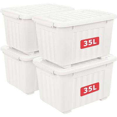 Cetomo 35L*4 Scatole di Stoccaggio con Coperchi, Contenitori in Plastica con Ruote, Clip On, Impilabili, Incastonabili, Organizzatore a Righe per Casa Ufficio, Bianco, 35L-4 Pezzi Cetomo 35L*4 Scatole di Stoccaggio con Coperchi, Contenitori in Plastica con Ruote, Clip On, Impilabili, Incastonabili, Organizzatore a Righe per Casa Ufficio, Bianco, 35L-4 Pezzi